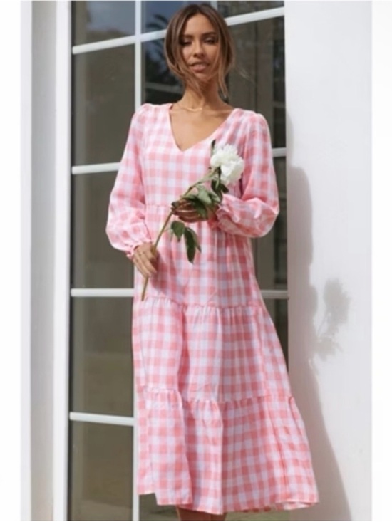 Petal & Pup Dresses & Skirts - Petal & Pup Pink Gingham V-Neck Tiered Maxi Dress